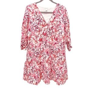 Garnet Hill Pink & White Floral V-Neck Tiered Mini Dress